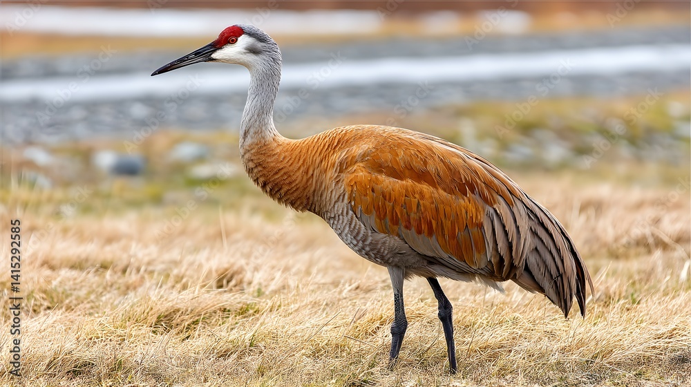 Naklejka premium Sandhill crane standing in a grassy meadow.