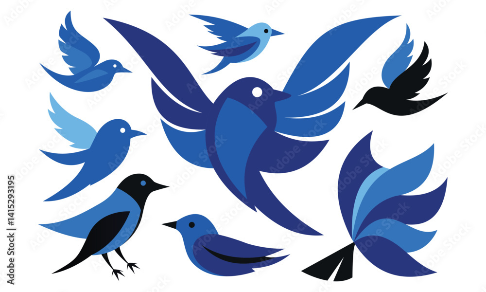 Fototapeta premium Collection of Stylized Blue Bird Silhouettes – Minimal Vector Set