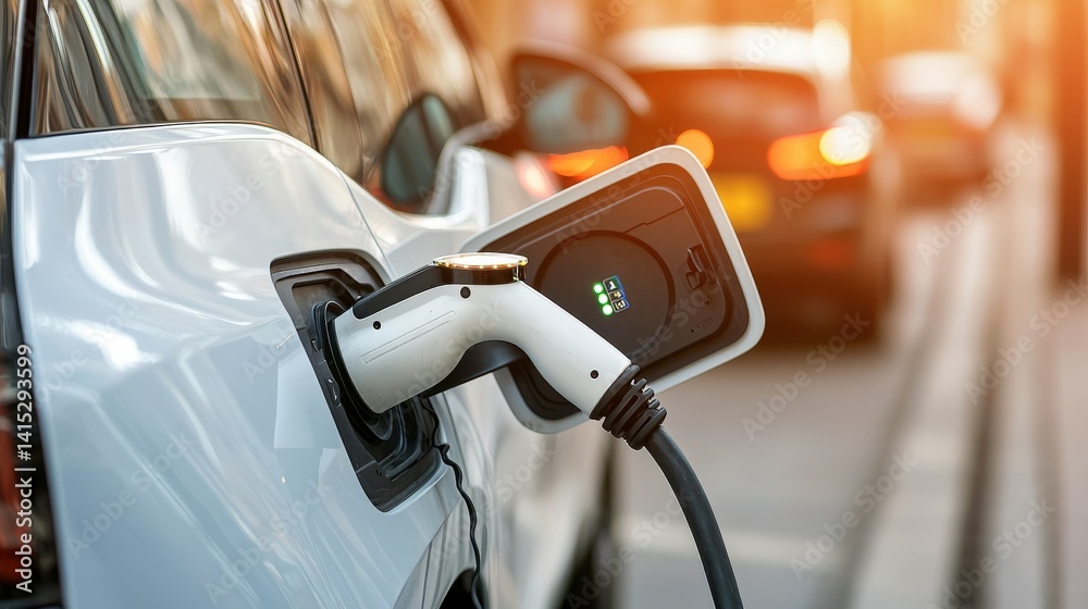 A close-up of an electric vehicle charging at a station, highlighting eco-friendly transportation and the growing popularity of electric cars in urban settings. A close-up of an electric vehicle charging at a station, highlighting eco-friendly transportation and the growing popularity of electric cars in urban settings.