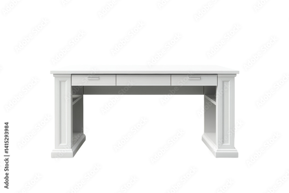 Elegant white executive desk with three drawers and open shelving perfect for home or office Clean lines and a minimalist design for a on transparent background Elegant white executive desk with three drawers and open shelving perfect for home or office Clean lines and a minimalist design for a on transparent background