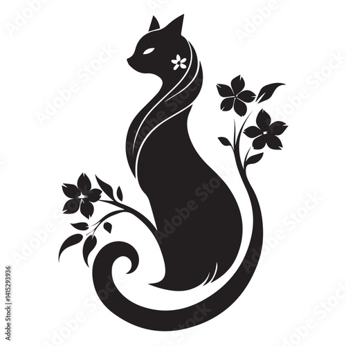 Graceful Cat Silhouette with Floral Elegance