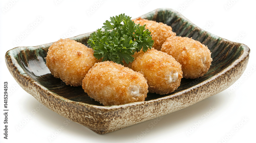 Golden croquettes on ceramic plate
