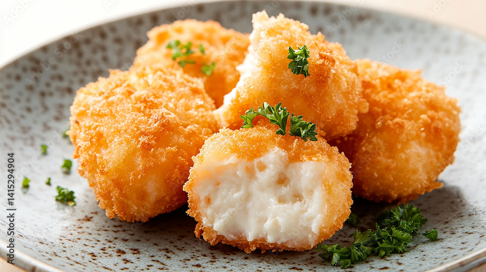 Golden croquettes on ceramic plate