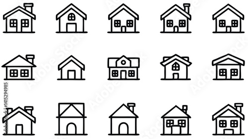 This black vector set features simple house icons, including building, home, and real estate symbols for urban design