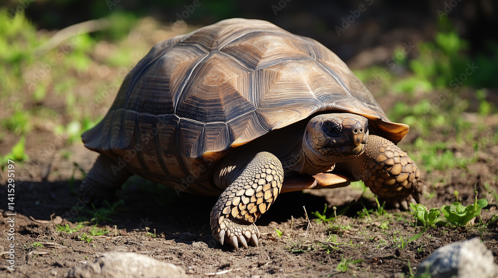 Fototapeta premium Tortoise walking on dry ground in natural sunlight 햇살 아래 마른 땅 위를 걷는 육지거북