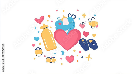 A collection of baby and parent related images, including a hug and baby items. Mothers day