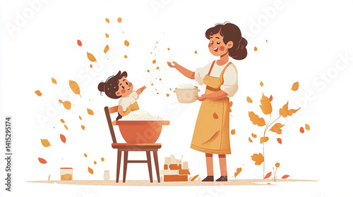 Mother and child having fun together, cooking or baking in a whimsical setting. Mothers day