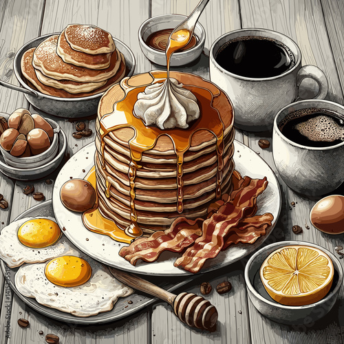 Delicious breakfast scene with stacked pancakes, eggs, bacon, coffee, and honey on a rustic wooden table