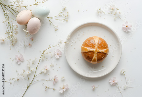 Easter Themed Flat Lay with Bread Roll, Eggs, and Blossoms