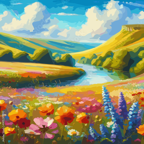 Vibrant landscape with blooming flowers, a serene river, and lush hills under a bright sky