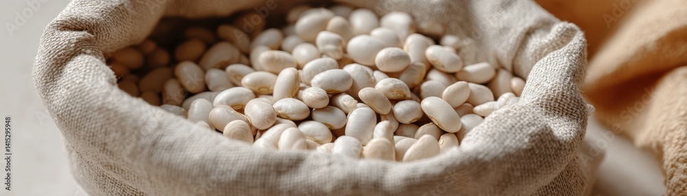 Great depression concept. A cloth bag filled with raw white beans on a light background. Great depression concept. A cloth bag filled with raw white beans on a light background.