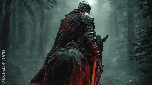 Medieval Knight on Horseback at Dawn in Forest
