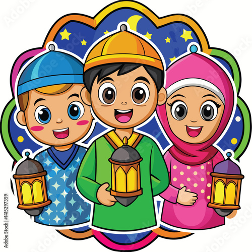 Cartoon children holding lanterns, celebrating a religious occasion