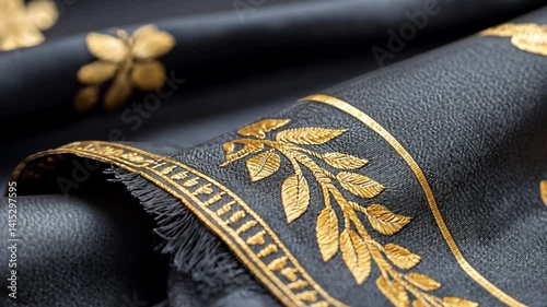 Elegant black fabric with intricate gold embroidery showcasing detailed floral patterns