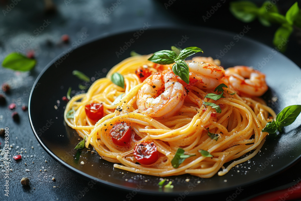 Plate of pasta with shrimp and tomatoes. Plate of pasta with shrimp and tomatoes.