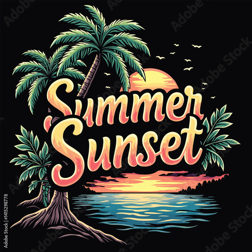 Typography summer with beech and sunset lover t-shirt design vector.