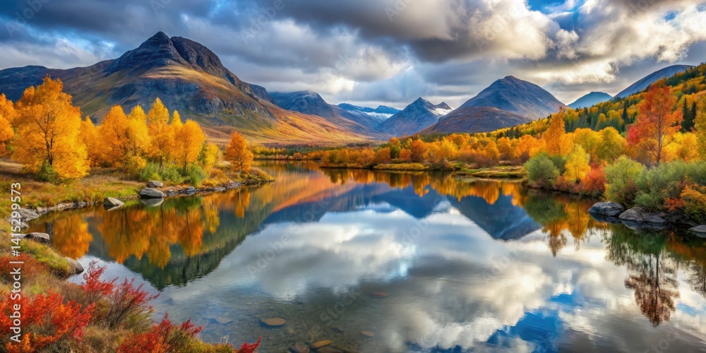 Naklejka premium Autumnal Kungsleden: Teusajaure Hike, Sweden - Stunning Landscape Photography