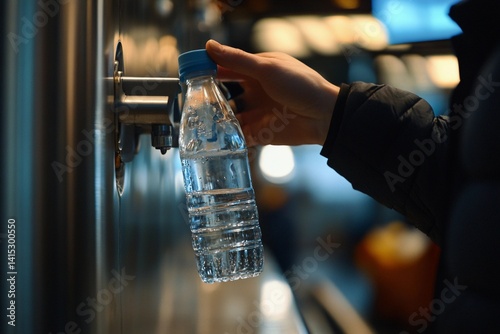 person refilling a reusable water bottle at a public refill station promoting hydration and sustainability