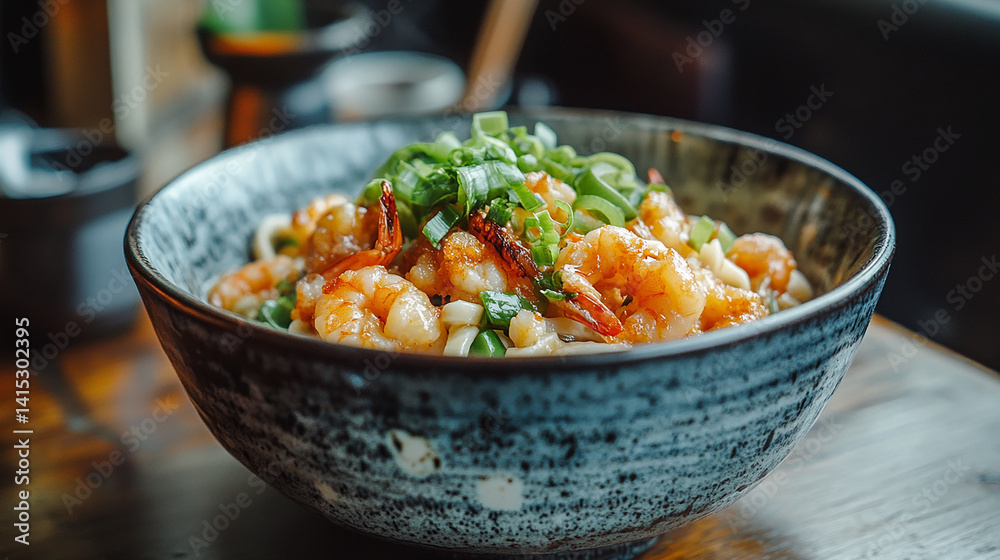 Golden tempura udon in ceramic bowl