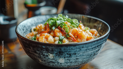 Obraz na płótnie Golden tempura udon in ceramic bowl w salonie