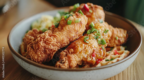 Obraz na płótnie Golden waffles topped with fried chicken w salonie