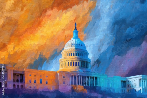 Capitol with market chart and brushstrokes, symbolizing U.S. financial volatility