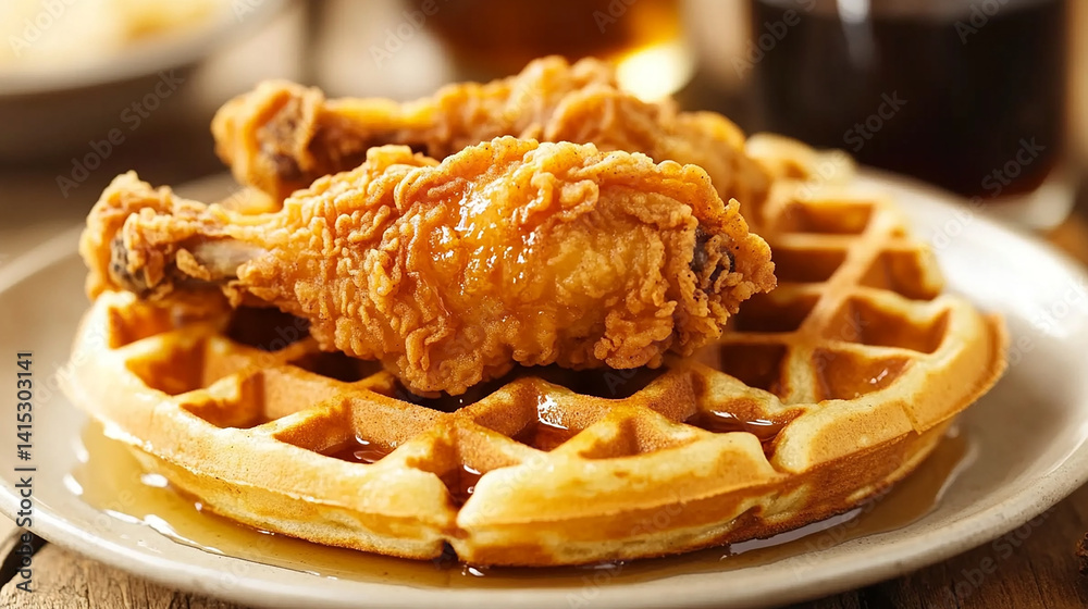Golden waffles topped with fried chicken