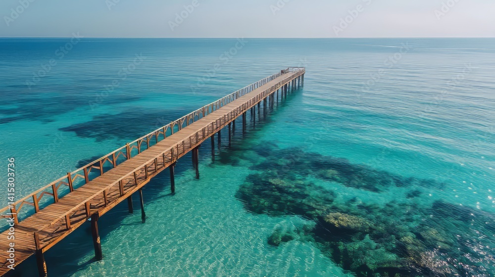 A breathtaking pier stretches over crystal-clear water, inviting exploration while surrounded by vibrant marine life. Soft waves lap gently at the wooden beams in tranquil sunlight A breathtaking pier stretches over crystal-clear water, inviting exploration while surrounded by vibrant marine life. Soft waves lap gently at the wooden beams in tranquil sunlight