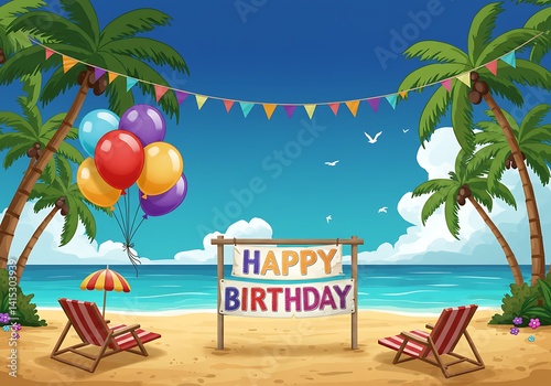 Tropical beach birthday celebration sign