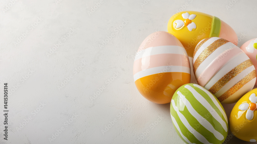 Fototapeta premium A group of colorful Easter eggs with stripe patterns and decorative flower accents are arranged on a bright white surface creating festive holiday atmosphere.