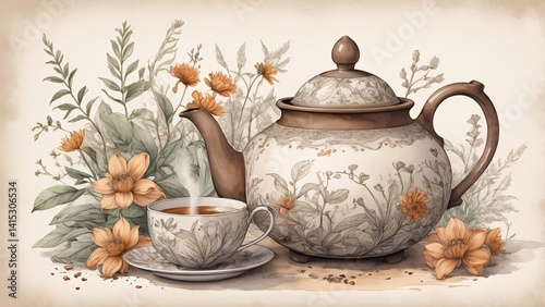 Vintage floral teapot and teacup illustration with blooming flowers and herbal tea