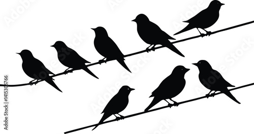 Silhouette illustration of birds sitting on power lines, with one bird in flight, symbolizing freedom, nature, and urban wildlife, perfect for nature, wildlife, and freedom-themed designs.