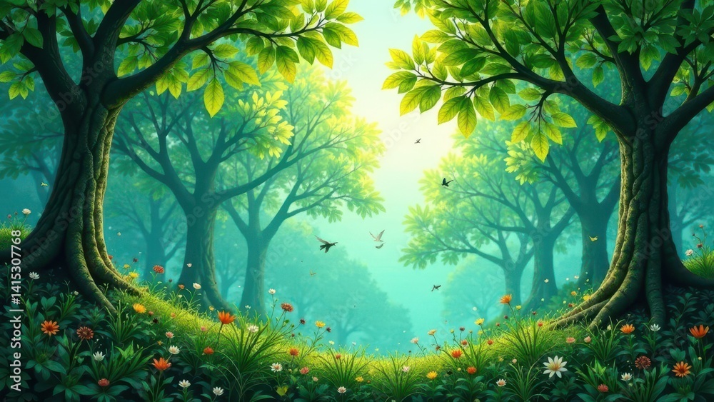 Fototapeta premium Serene Woodland Vista A Breathtaking Scene of Lush Greenery, Sunlight Dappling Through Leaves, and Vibrant Wildflowers Flourishing at the Base of Ancient Trees