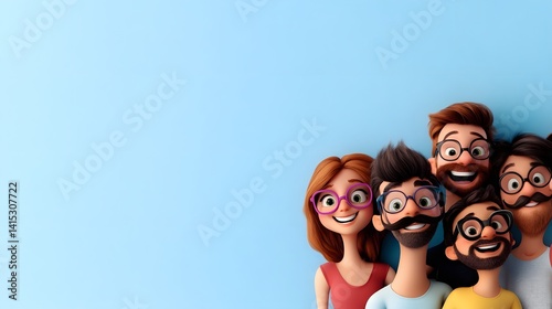 Cartoon characters celebrating international joke day with big smiles and glasses