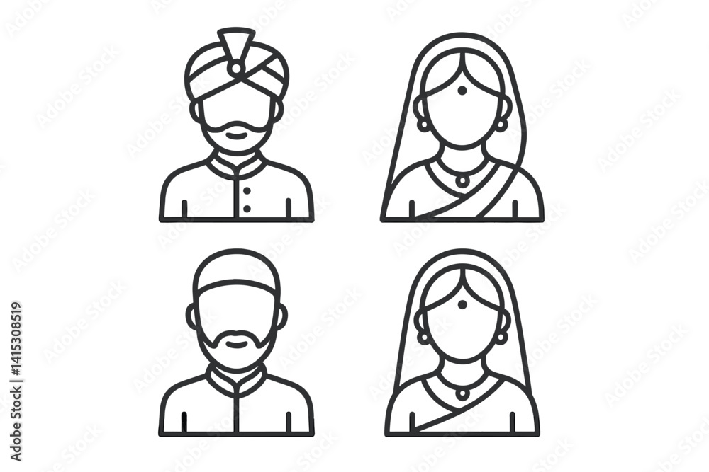 Vector illustration featuring diverse line icons of traditional Indian attire worn by men and women during cultural celebrations Vector illustration featuring diverse line icons of traditional Indian attire worn by men and women during cultural celebrations