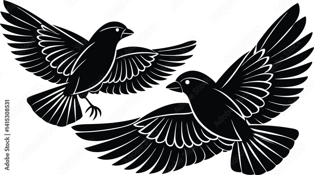 Obraz premium Black and white illustration of two flying birds with outstretched wings, symbolizing freedom, nature, and flight, ideal for wildlife, nature, and freedom-themed designs.