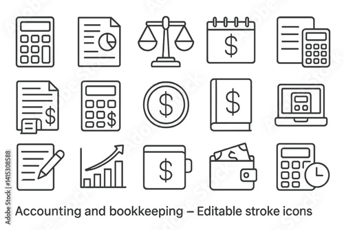 Vector illustration of accounting and bookkeeping line icons featuring financial symbols in a minimalist style