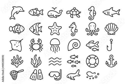 Vector illustration featuring marine life icons including dolphins, fish, turtles, and seashells in a playful design