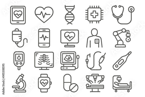 Health and medical vector illustration line icons featuring technology, diagnostics, and healthcare tools