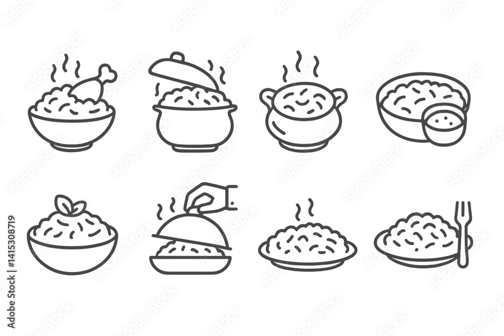 Vector illustration of line icons featuring various rice dishes and cooking processes Vector illustration of line icons featuring various rice dishes and cooking processes