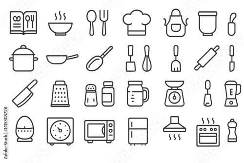 Kitchen utensils and cooking equipment illustrated as line icons for culinary design and education