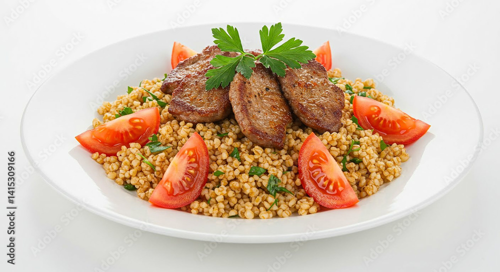 bulgur with meat chops tomatoes with herbs on a white plate on a white background bulgur with meat chops tomatoes with herbs on a white plate on a white background
