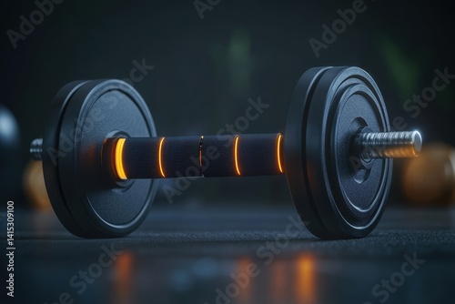 Modern dumbbell with illuminated accents in a fitness studio during evening hours
