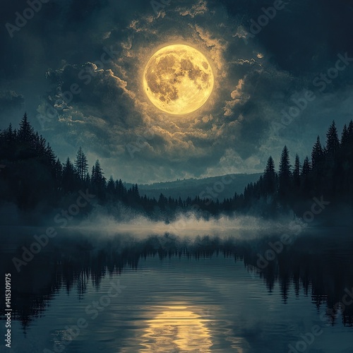 Full moon over misty forest lake