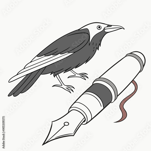 Illustration Of A Crow Perched Beside An Antique Fountain Pen On White Background