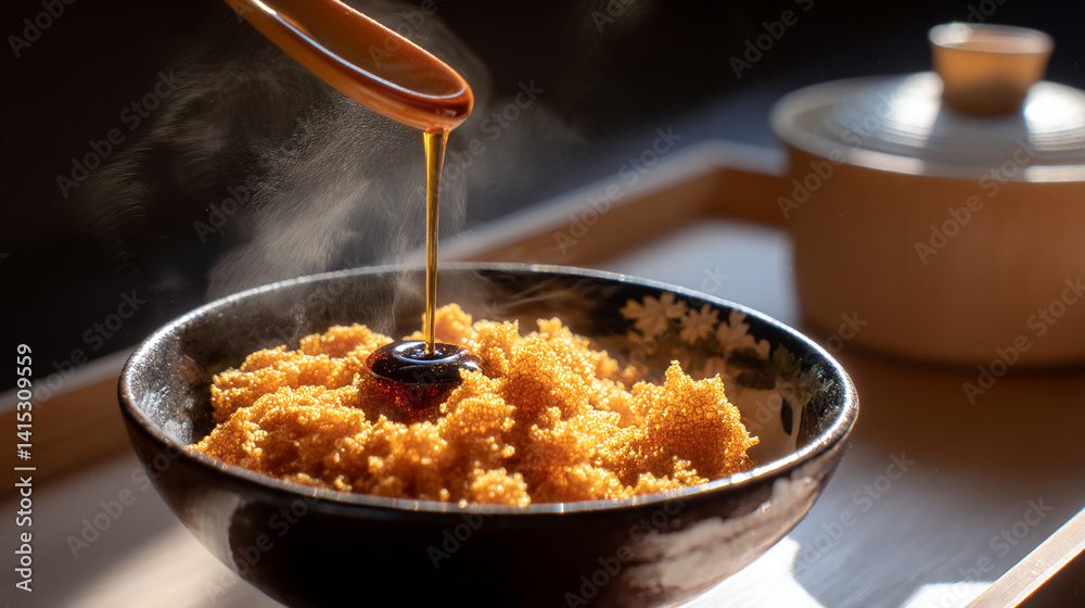 Grated yam over hot rice soy sauce drizzled