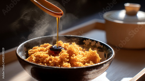 Obraz na płótnie Grated yam over hot rice soy sauce drizzled w salonie