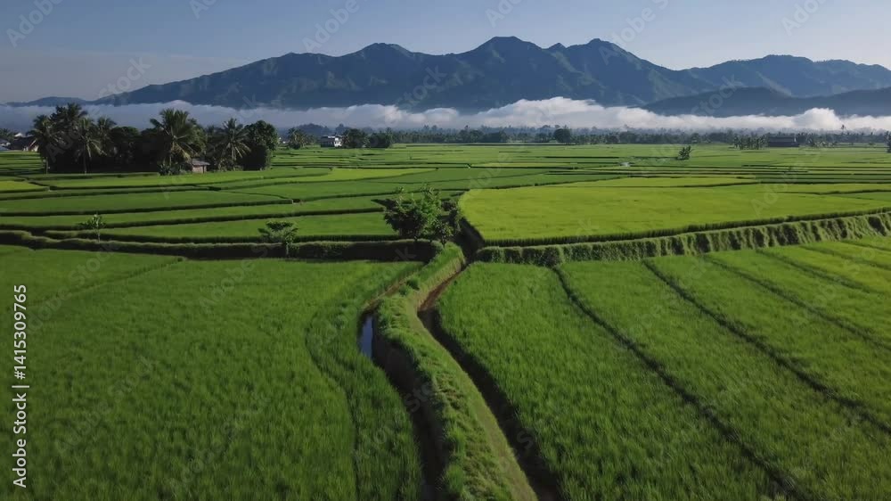 A breathtaking aerial view of lush green rice fields surrounded by majestic mountains under a clear blue sky. The vibrant colors create a serene and picturesque landscape.