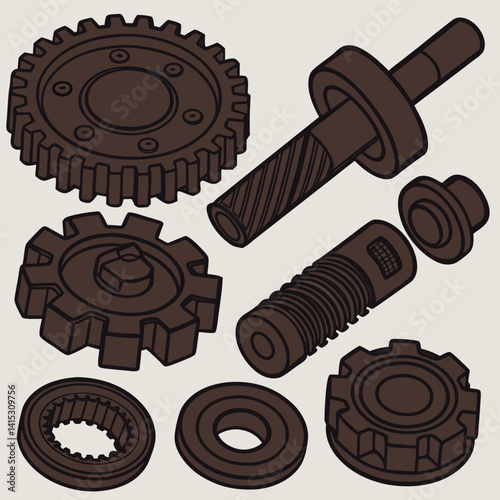 Isometric Vector Illustration Of Gears And Machine Elements In Brown Color