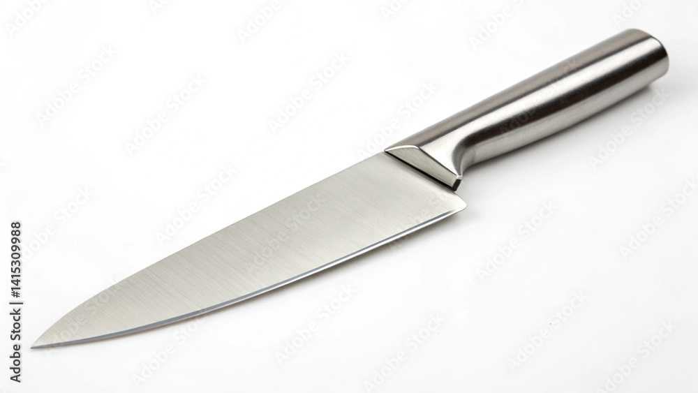 Obraz premium Professional-grade chef's knife made of shiny stainless steel with a sharp, pointed blade and integrated handle, displayed on a white background for kitchen and cooking enthusiasts.